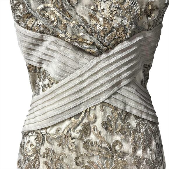 TADASHI SHOJI Smoke Pearl Gold Sequin Beige Mesh Sheath Dress Size 8 - Picture 5 of 8